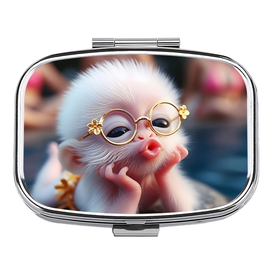 

A Cute Monkey Pill Box With Glasses, Featuring 2 Compartments, A Rectangular Decorative Box For Storing Vitamins In Pockets, Wallets, And As Travel Gifts.