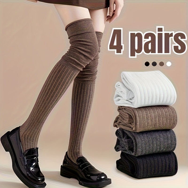 TEMU 4 Pairs Of Women's Knee-high Socks, Matching Over-the-knee Socks, Solid Color, Elastic, Machine Washable, Fashion Short Socks, Suitable For