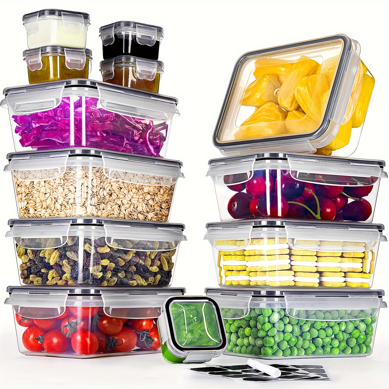 E-shop 13er Set Lebensmittelbehälter, inklusive Saucenbehälter, stapelbar. BPA-freie, auslaufsichere Plastikbehälter mit Deckel, sicher für Mikrowelle