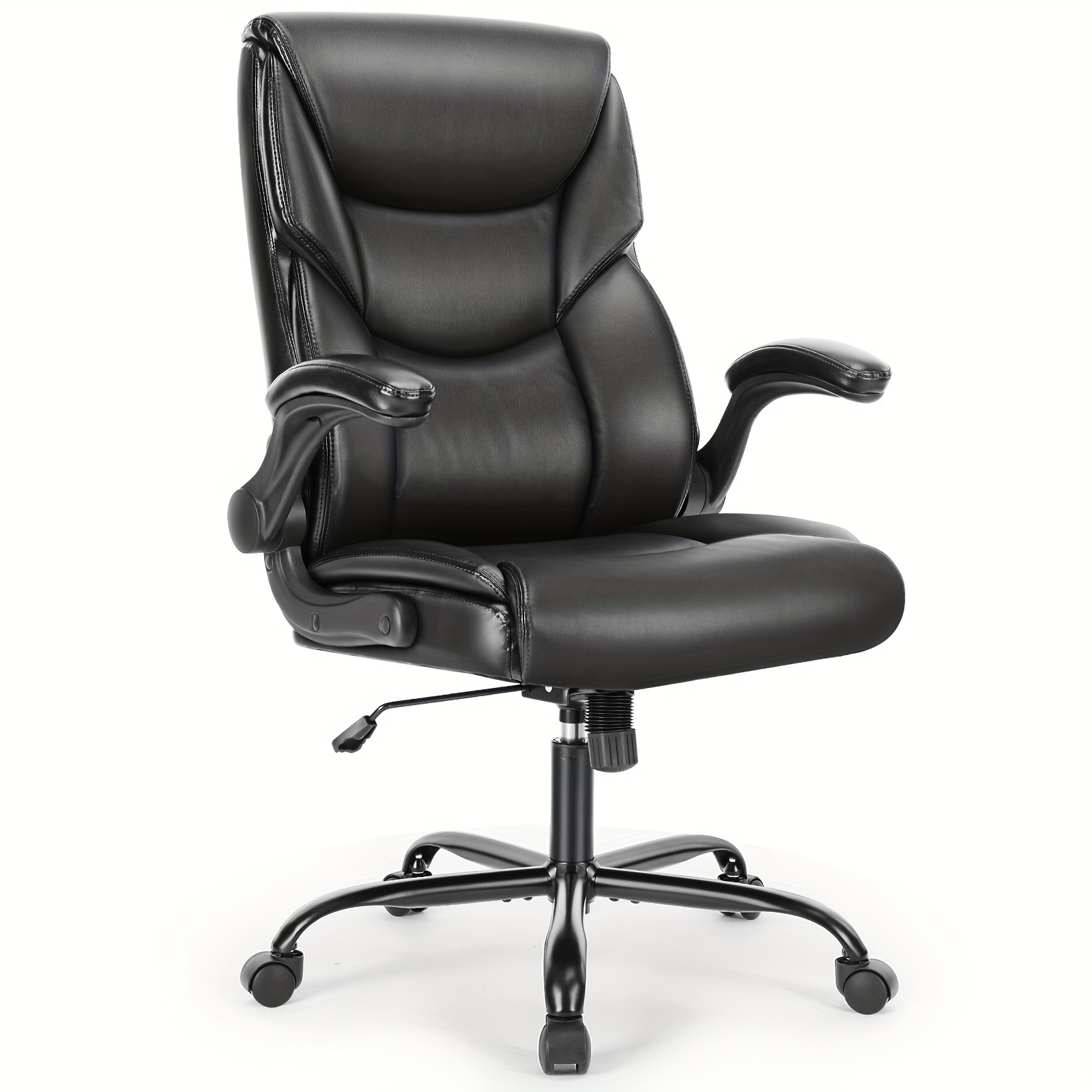 

Ergonomic Office Chair Heavy Duty Task Desk Chair With Flip-up Arms, Pu Leather, Adjustable Swivel Rolling Chair With Wheels, White, Black And Brown