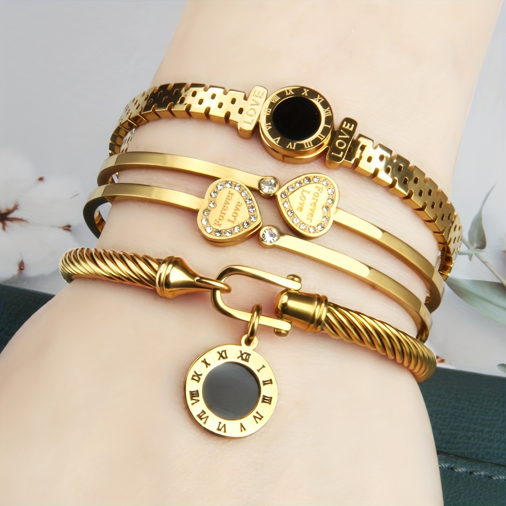 3pcs Love Combination Set Inlaid 304 Stainless Steel Women's Bracelet Retro Fashion Fashion Multiple Matching Roman Fried Dough Twists Wire Bracelet Gift