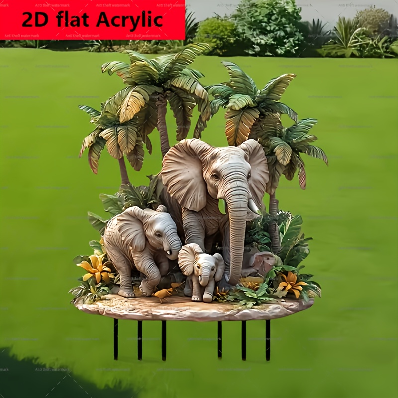 

1pc Décoration de jardin , famille d'éléphants en acrylique de 3 avec des palmiers, ornement de pelouse monté sur piquet, décoration universelle pour l'extérieur, aucune alimentation , plumes