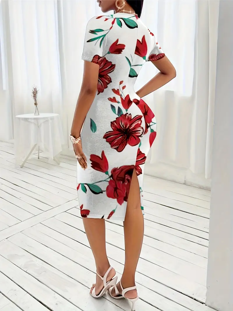 floral print knot bodycon dress elegant crew neck short - Temu Oman floral print knot bodycon dress elegant crew neck short - Temu Oman