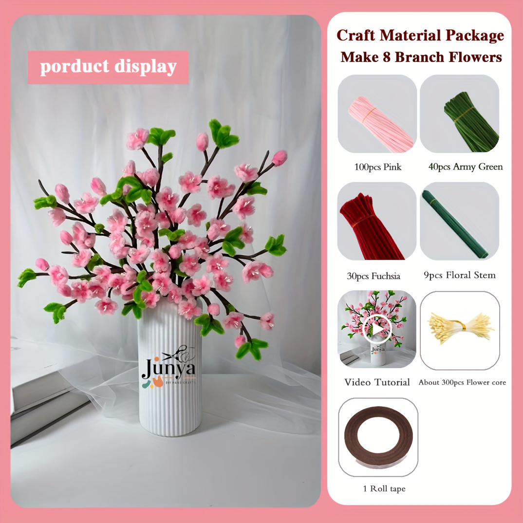 Image of 480pcs For Peach Pipe Cleaner Bouquet Set With 170 Pipe Cleaners, 9 Floral Sticks, 1 Tape, 300 Flower Core - Upgraded Craft Kit For Graduation, Home Decorations, And Holiday Gifts