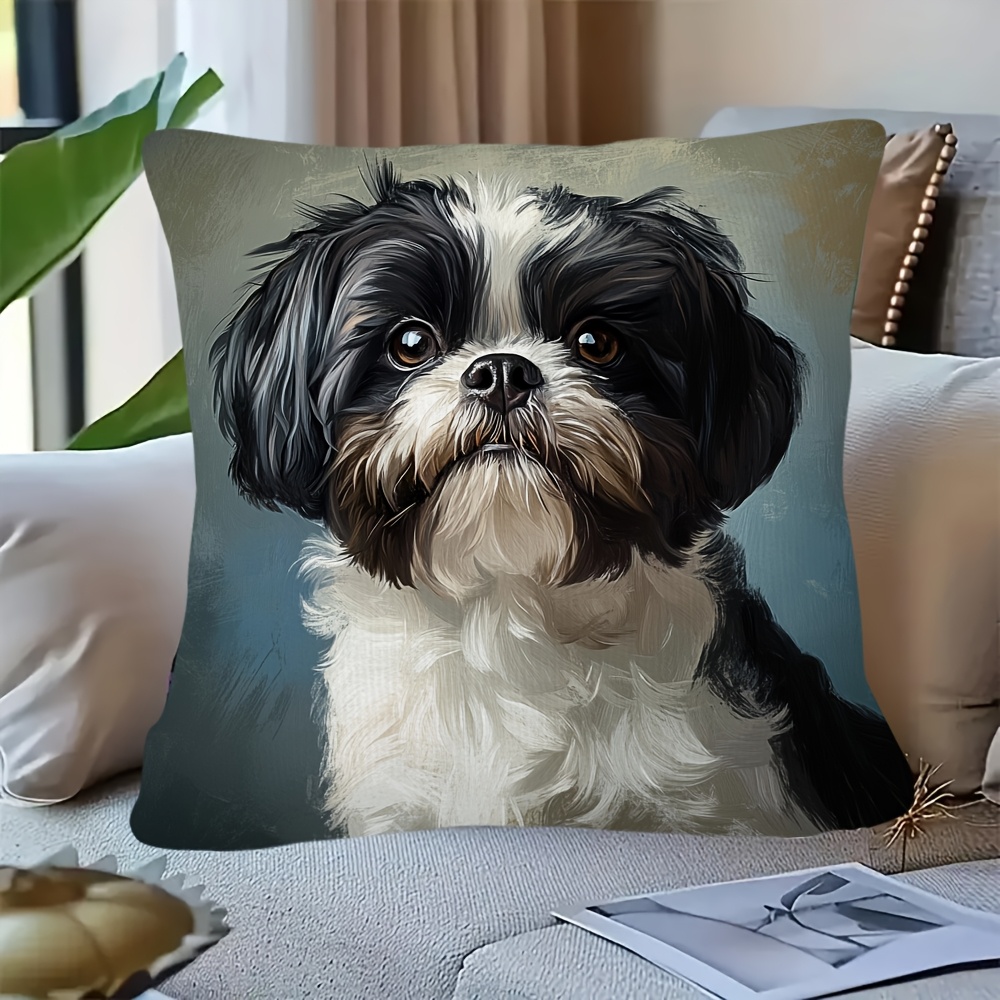 1pc 2d flat printing non real embroidery cute shih tzu dog double sided printed short plush pillow cover suitable for sofa living room bedroom no pillow corelkj1654 Product details 3