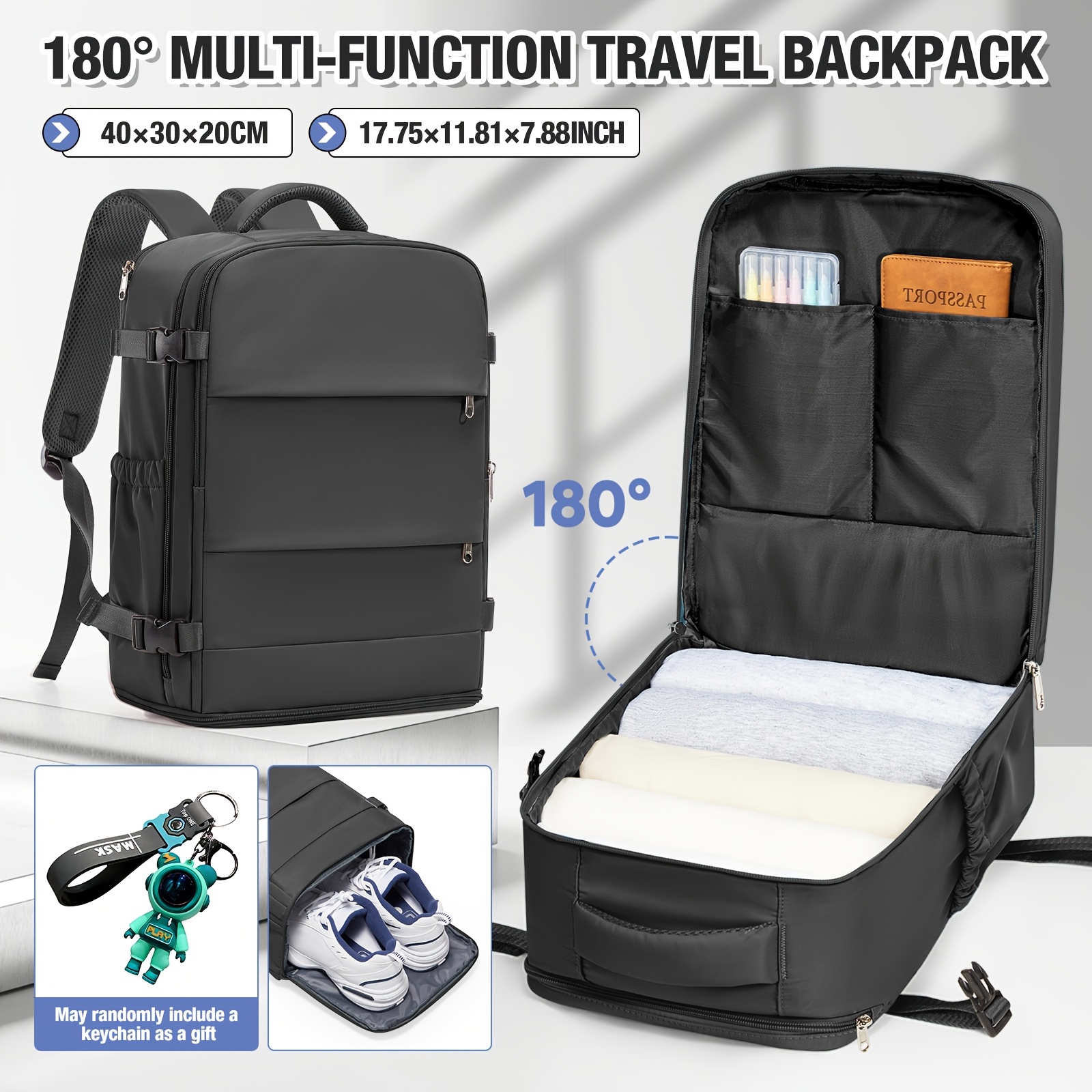 Image of 40 X 25 X 20 Cm Multifunctional Travel Backpack, Large Capacity With 180° Opening Design, Includes Shoe Compartment And Luggage Strap, Suitable For Men And Women
