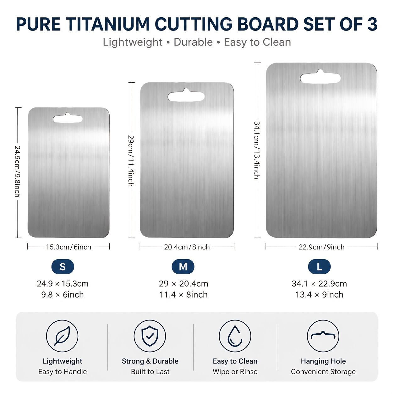 TEMU 3pcs Pure Titanium Cutting Board Set, Large Medium Small Metal Chopping Boards, Kitchen Food Prep Board With Hanging Storage Design, Cooking