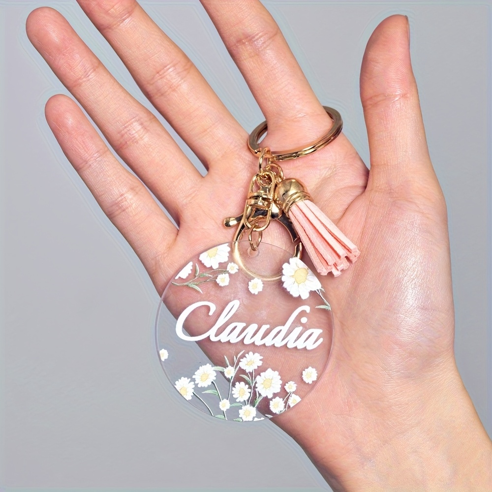 TEMU Personalized Acrylic Tassel Keychain With Letter And Floral Patterns - Cute Round Charm Accessory For Women