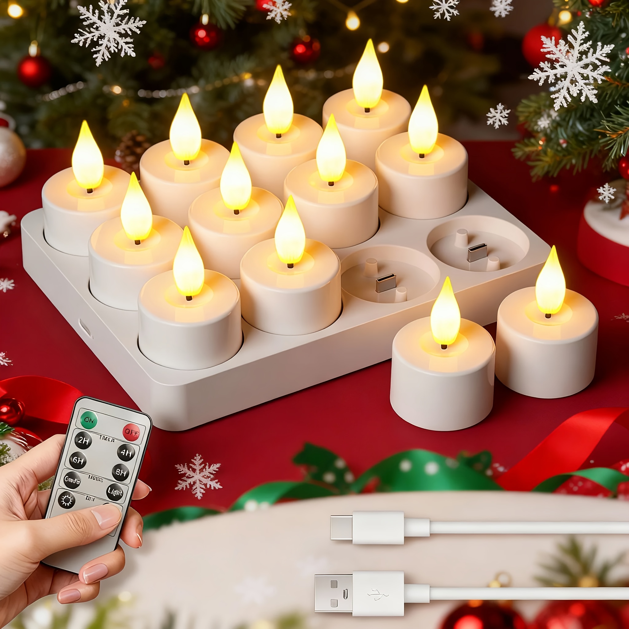 12+1pc Flameless Tea Light Candles With Charging Base | Timer Flickering Led Candle, Usb Powered, Remote Controlled, Ideal For Wedding, Christmas, Halloween Decorations