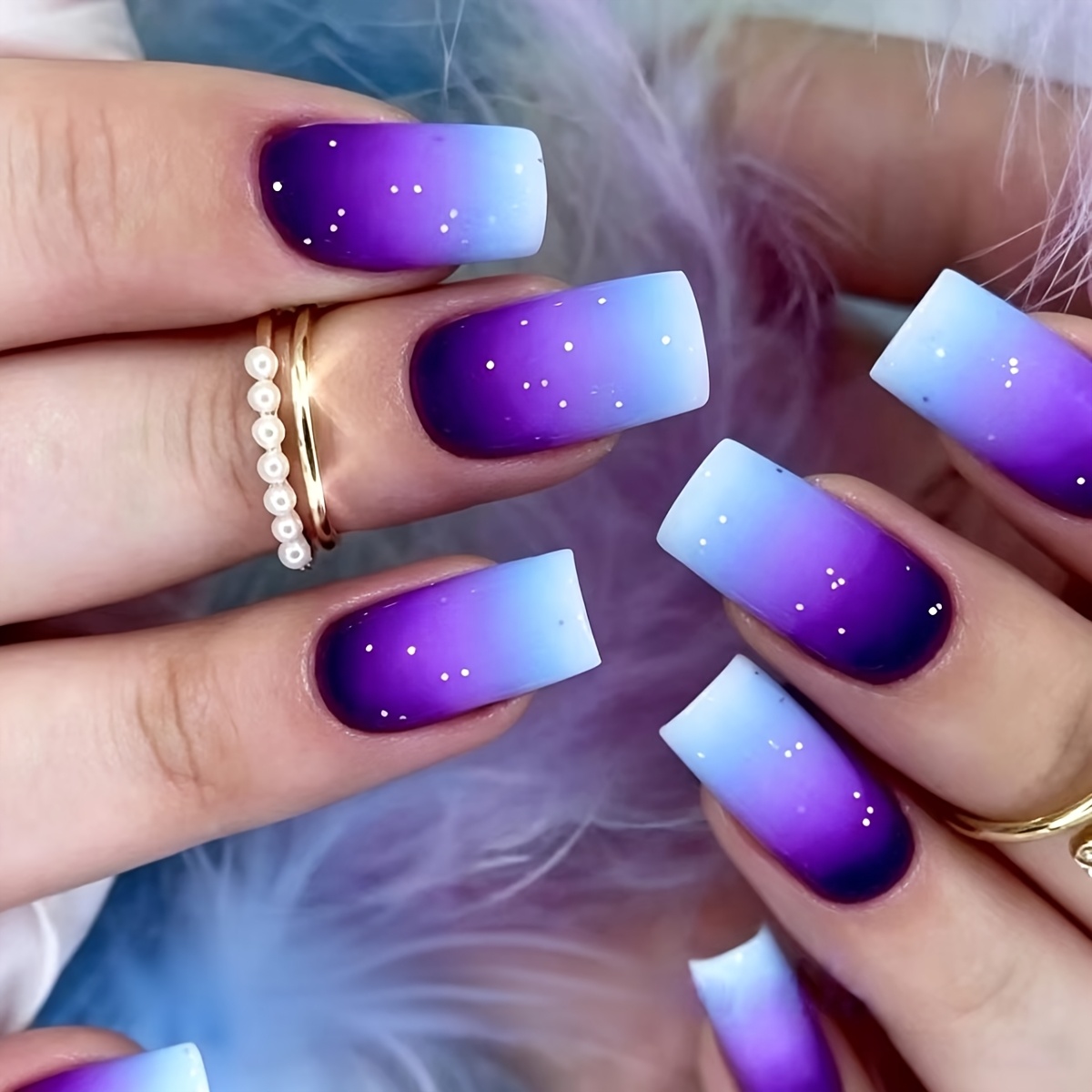 TEMU 24pcs Press-on Nails Suitable For, Purple-blue Gradient Glitter Starry Sky With Base, Glossy Detachable Nail Tips, Square Shape Medium Length