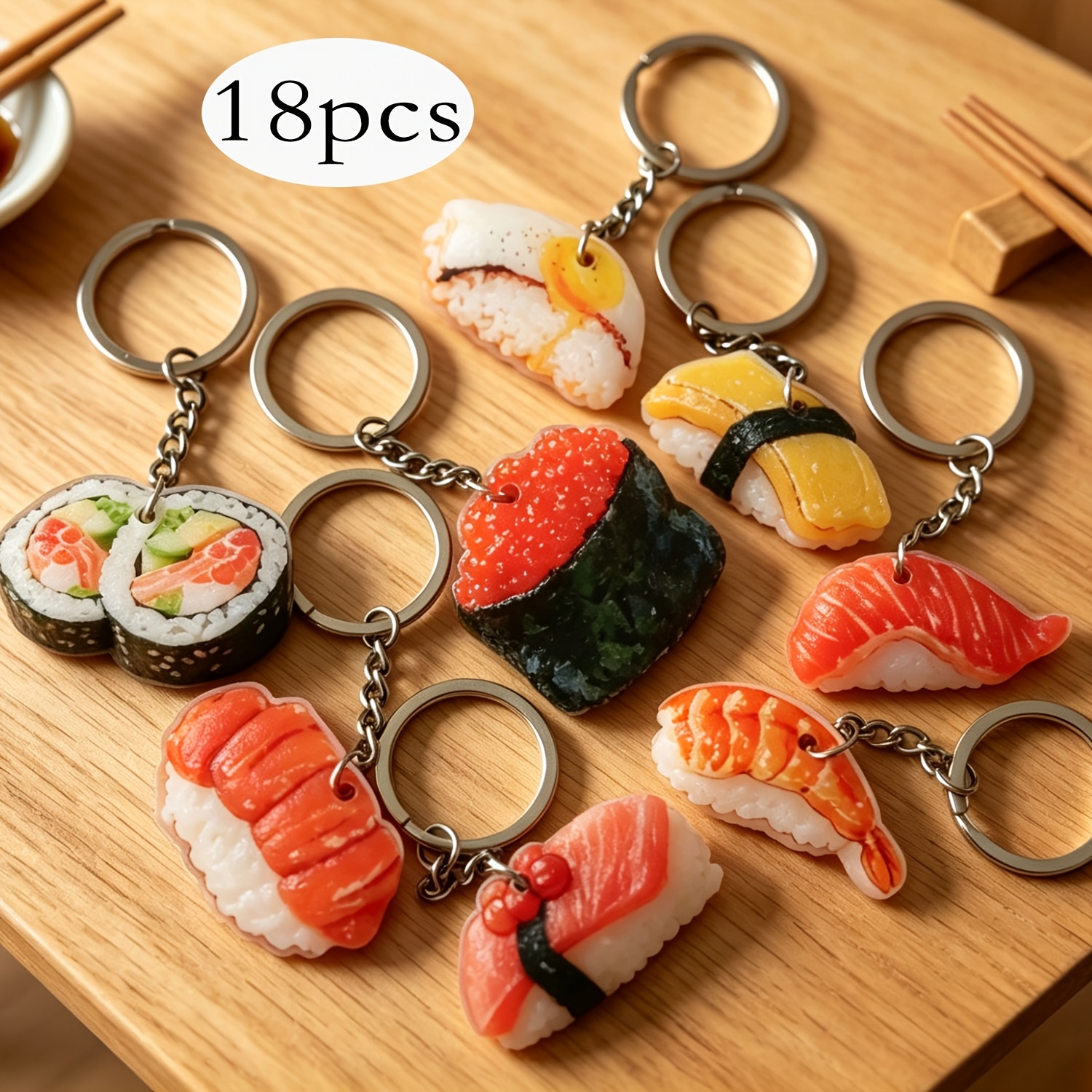 TEMU 18 Japanese Sushi Acrylic Keychains, Simulated Three-dimensional Sushi Shaped Key Rings, Fashionable Creative Versatile Bag Charms, Trendy Daily