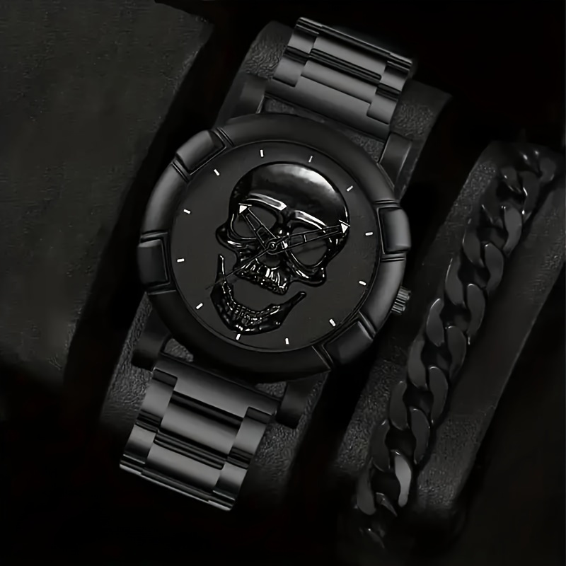 

- Skull And Bracelet Set - Non-waterproof Steel Zinc Alloy , Round Display, Electronic - 2pcs Set, Box Packaging