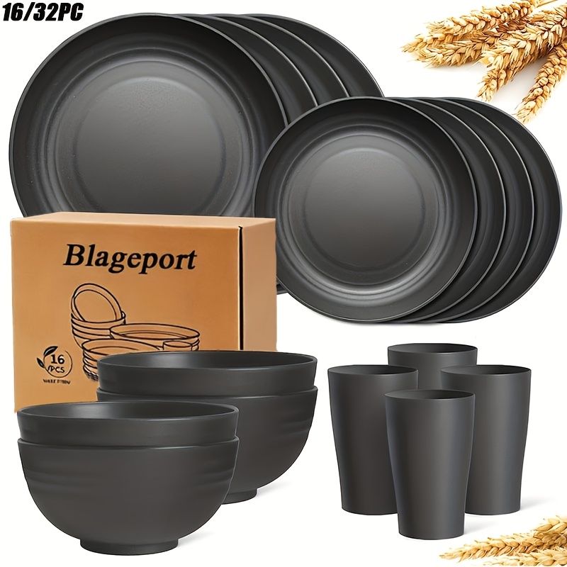 32 16pcs dinnerware set made from wheat straw designed for 8 or       unbreakable modern plates dessert plates bowls and cups safe for dishwasher and microwave lightweight for camping and daily use