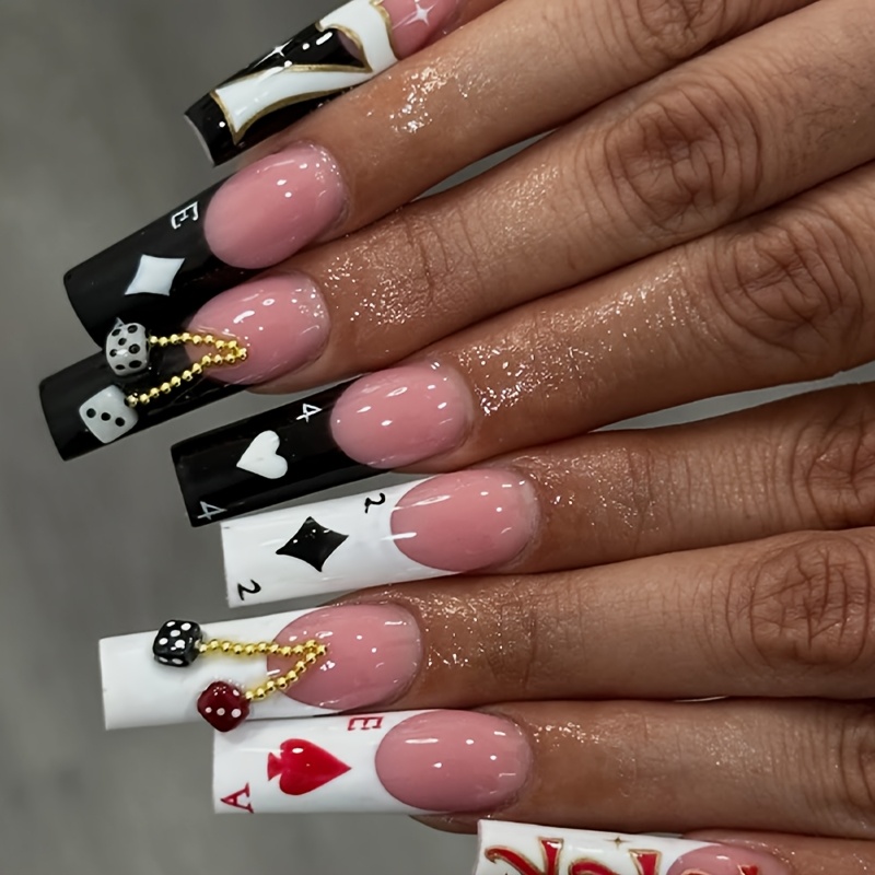 TEMU Theme Press On Nails Long Square Acrylic Nails Surface & White Tip Design With Heart & 3d Dice Y2k Style For Woman Daily Wear Festival Party