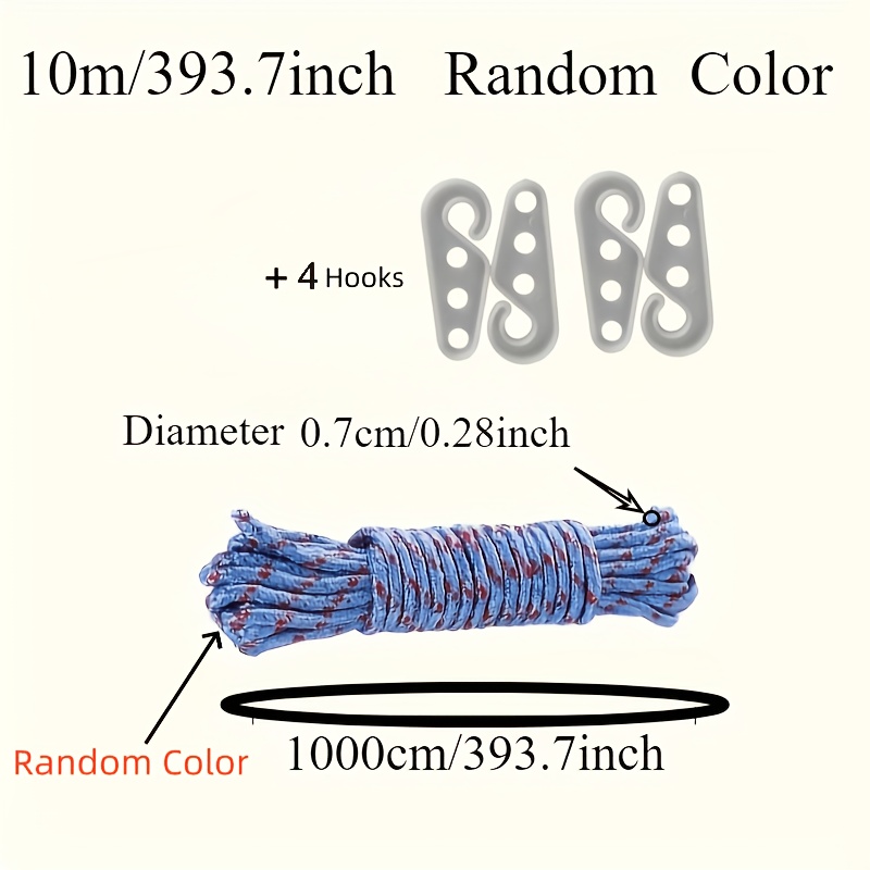 TEMU 5pcs 10m/393.7in Nylon Rope With 4 Hooks, Heavy-duty Rope For Securing, Pulling & Hanging Items, Camping Accessories, Indoor & Outdoor