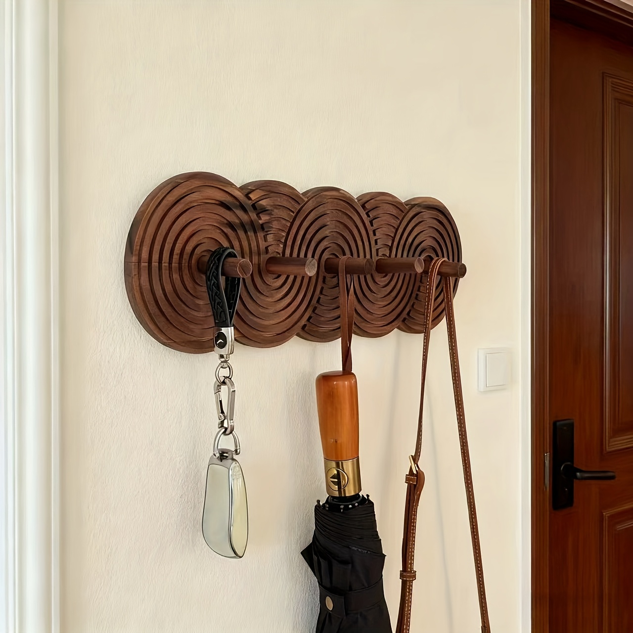 Creative Round Layered Design Solid Wood Hook, No-Drill Coat Hook for Living Room Entryway, Key Umbrella Bag Organizer Hanger