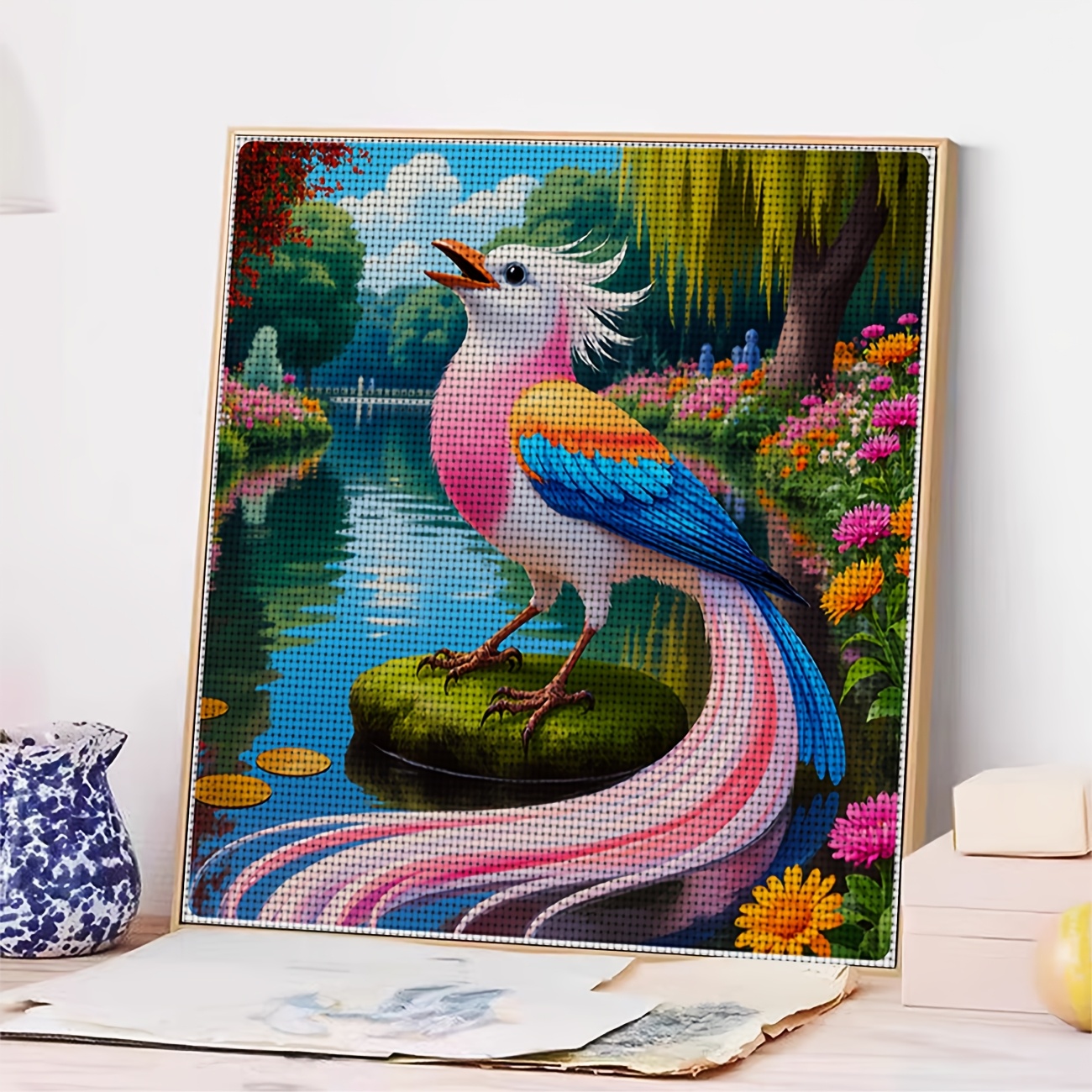Cross Stitch Printed Kit, Frameless Feathered Divine Bird Design