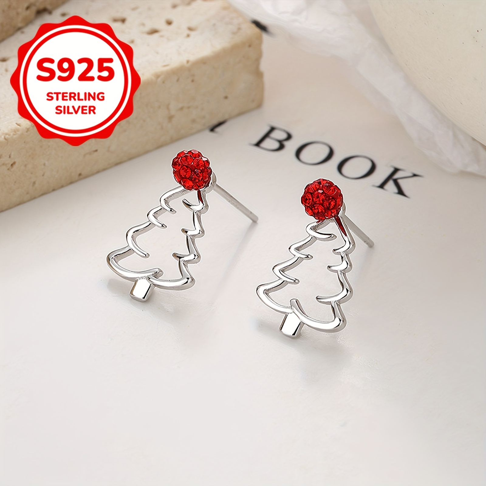 Image of 1 Pair Of 925 Sterling Silver Christmas Tree Hollow Earrings For Women, Festive Fashion Ear Bone Studs, Personalized Temperament Earrings, Suitable Christmas Holiday Gifts