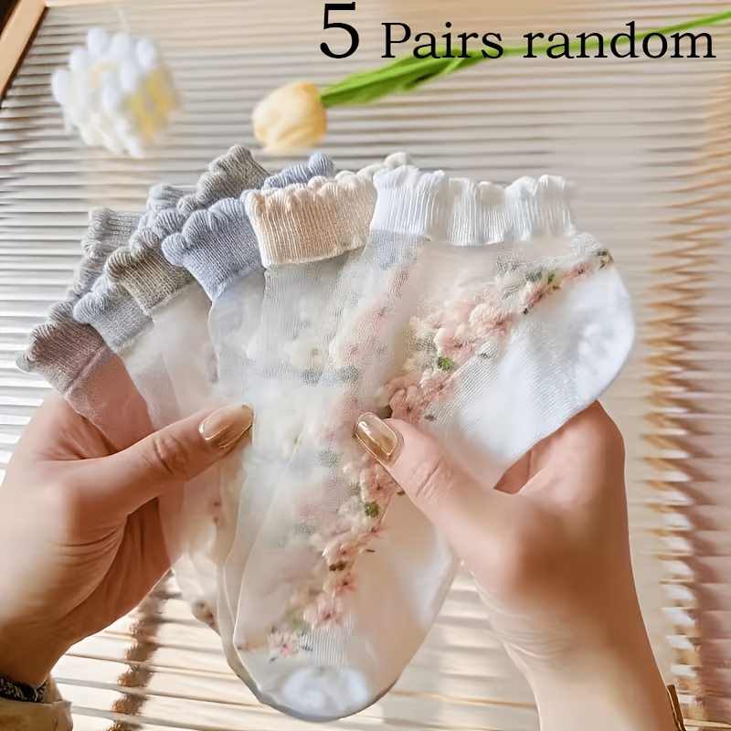 TEMU 5-pair Random Spring/summer Floral Print Breathable Fiberglass Moisture-wicking Women's Socks