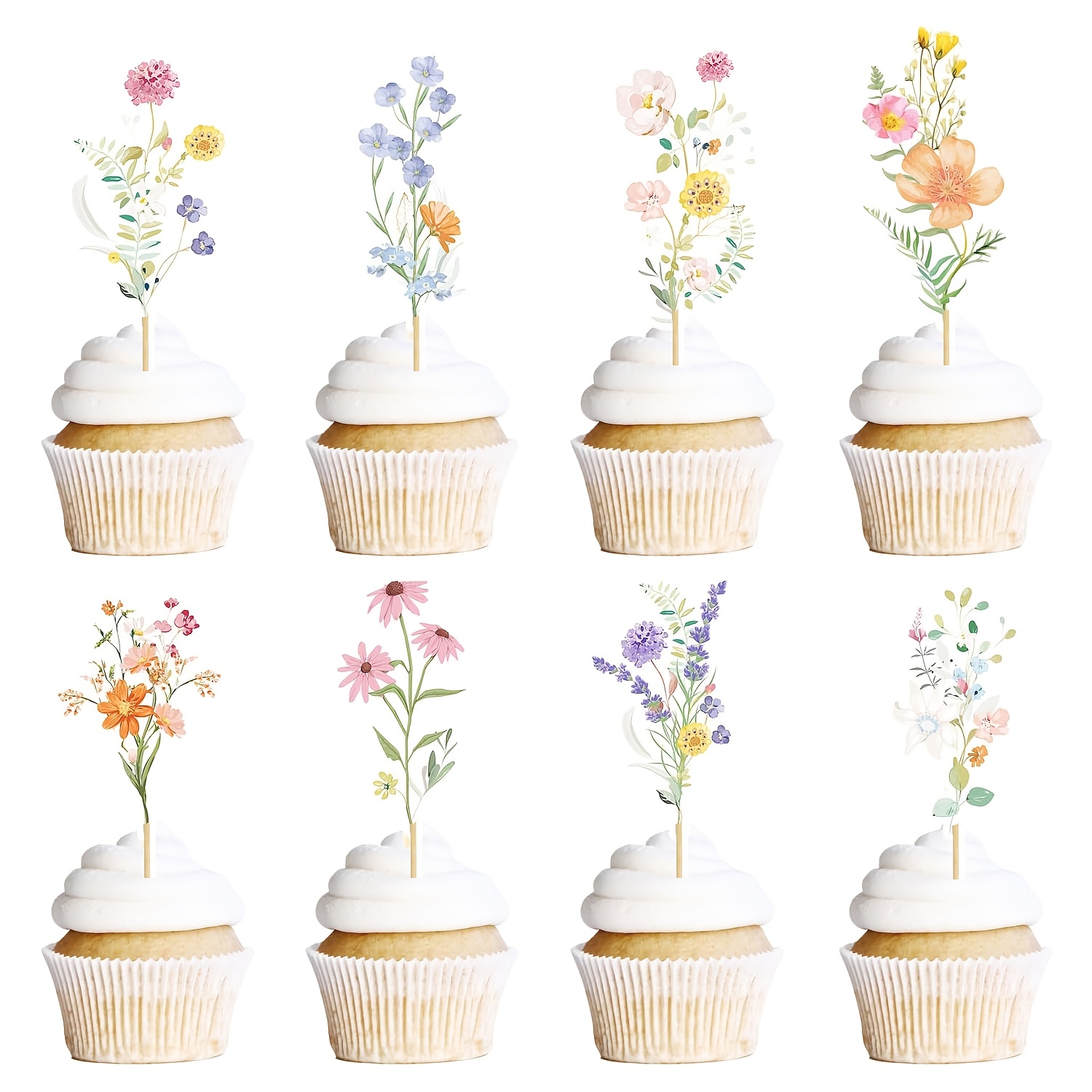 Image of 24pcs Flower Birthday Cupcake Toppers Decorations Baby In Shower Cake Decorations For Women, Garden Floral Fairy Party Decor, Halloween, Christmas