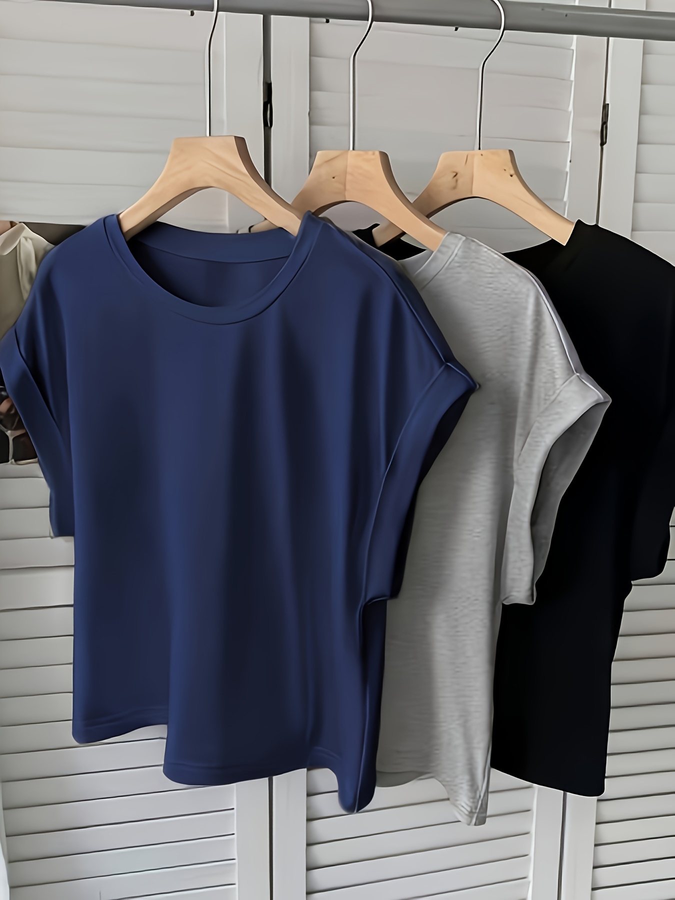 3pcs womens solid color short sleeve t shirts with roll up sleeve round neck casual summer blouses machine washable opaque suitable for   casual attire versatile layering basic wardrobe