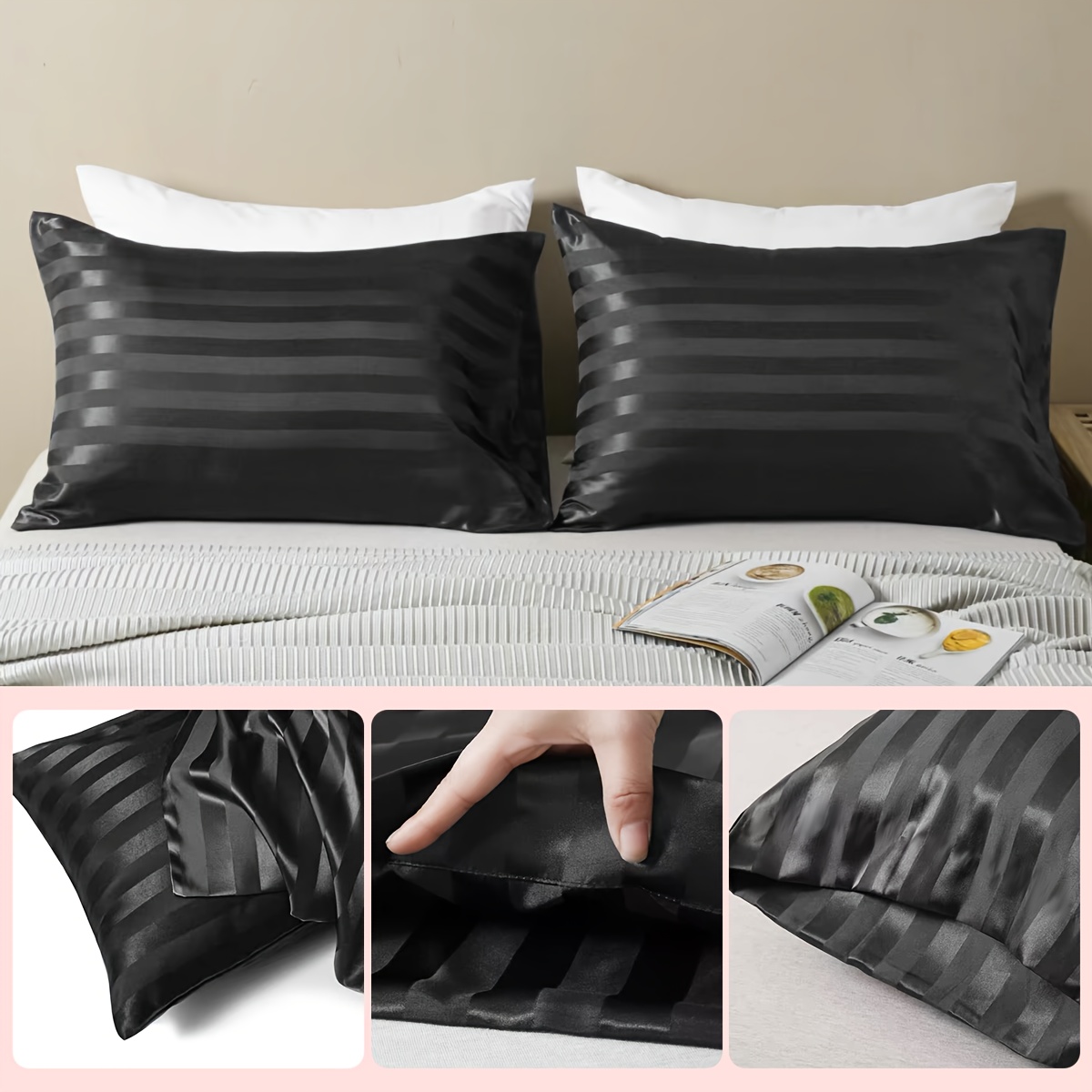 2-пакет мягких наволочек   satin, шелковисто-гладкая упаковка, полосатый  , предотвращение повреждения волос, устойчивость к морщинам, машинная стирка, 200-250г/м² полиэстер для домашнего использования Детали 1