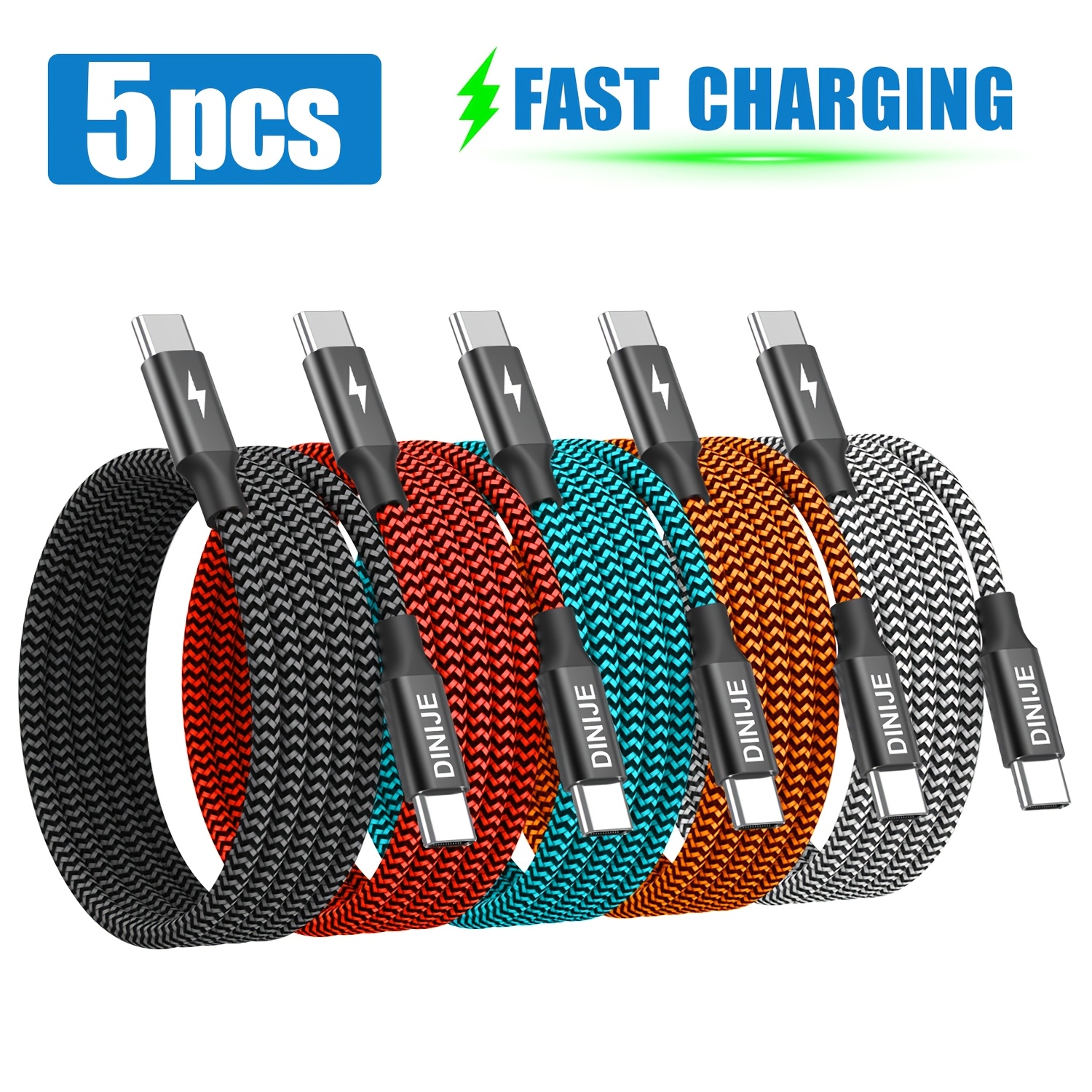 TEMU 5pcs Type C To Type C Charge Cables, Nylon Woven Usb C Transmission Data Cable, Type C Fast Charging Cable, For Ipad For Dell Xps For Iphone
