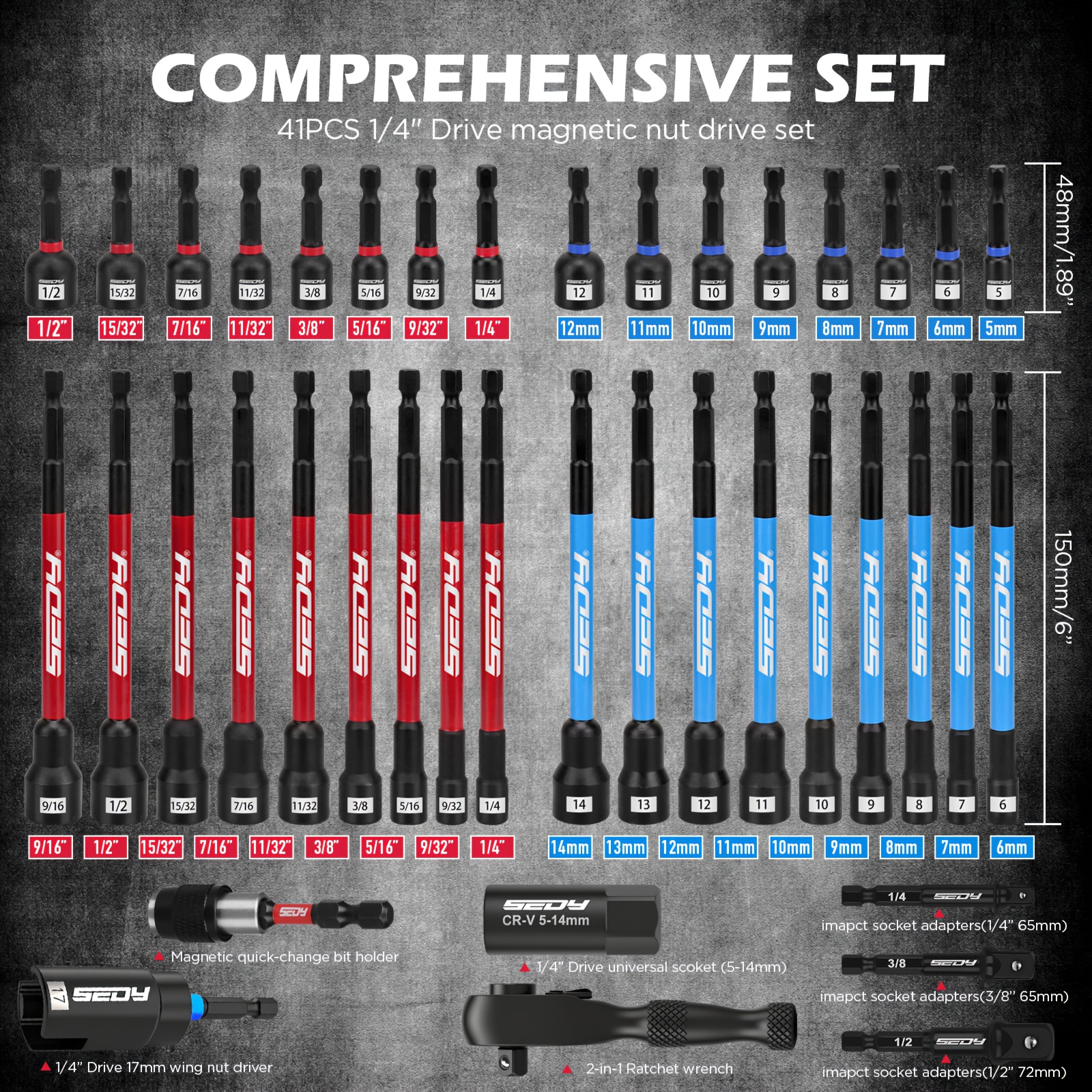41  magnetic impact nut driver set metric sae with socket adapters bit holder wing nut driver sockets 2in 1 ratchet wrench Product details 1