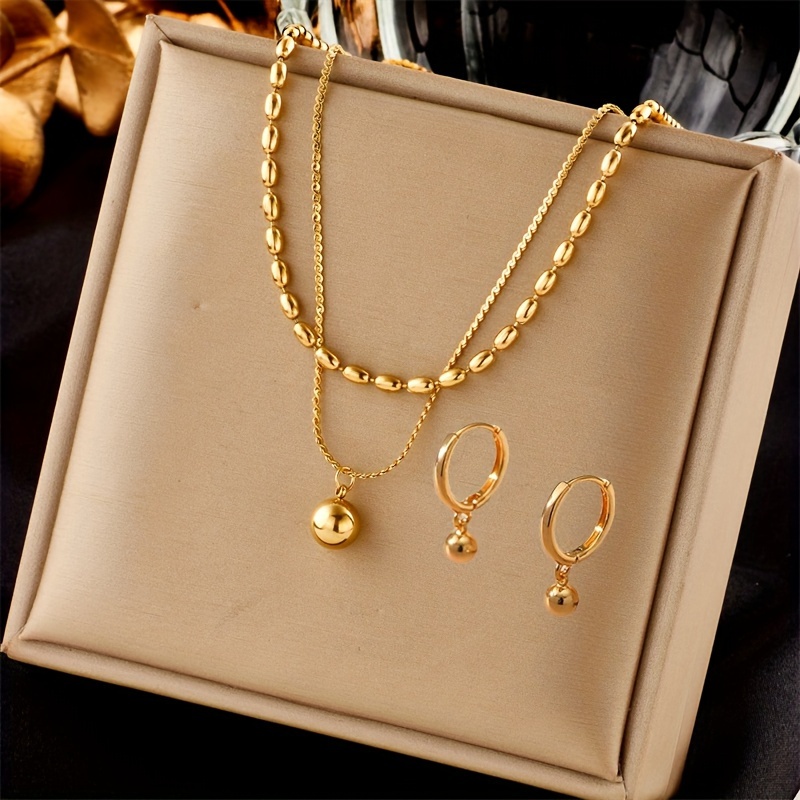 Image of A 3pcs Set Featuring Minimalist And Stylish Round Bead Pendant Designs, Including A Stainless Steel Necklace And Earrings, Plated With 18k Golden, Suitable For Daily Wear Or Party Occasions