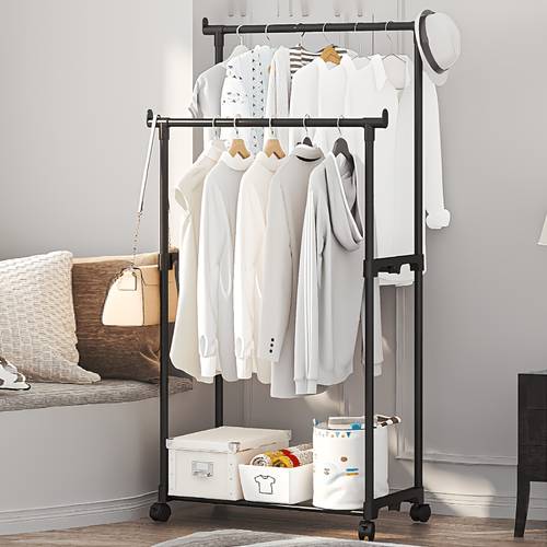 Double-rod Drying Clothes Hanger, Hooks, Movable Coat Rack, Hooks, Stable and Sturdy Without Wobbling, Layered Design for Expanded Storage, an Drying and Storage Solution, Movable Storage Rack, Integrated Drying and Hanging Clothes