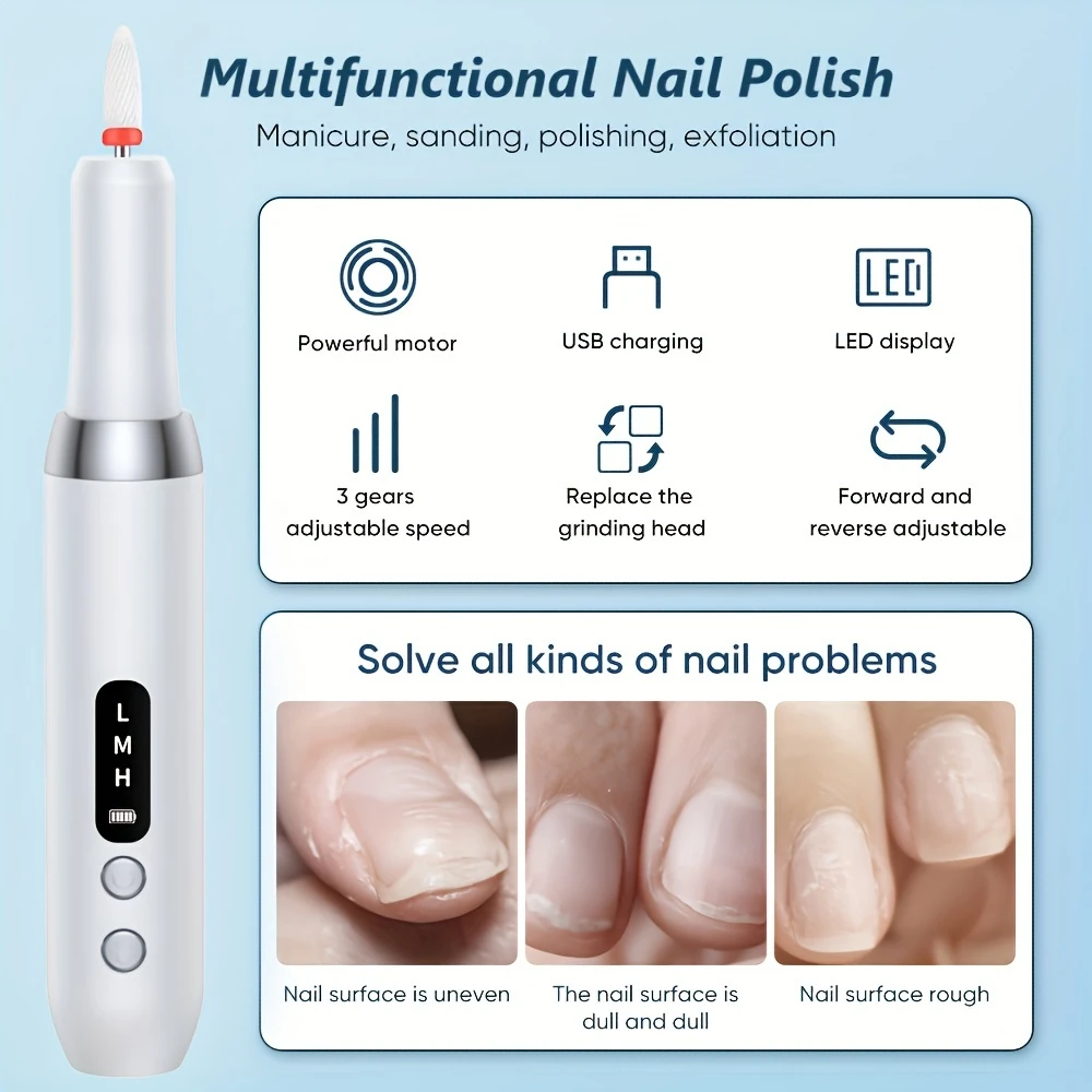 convenient and rechargeable cordless electric 3 level adjustment with drill and sanding belt manicure and pedicure kit for grinding polishing trimming acrylic gel nails details 1