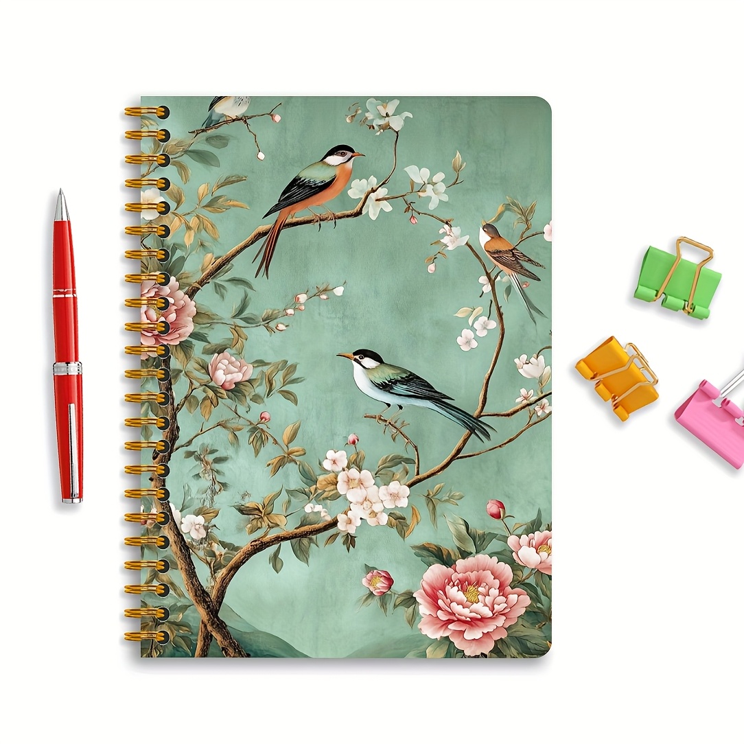 TEMU 1 A5 Spiral-bound Notebook, Exquisite Floral And Bird Art Notebook, Spiral-bound Notebook, College-ruled Notebook, Hardcover Diary Notebook,