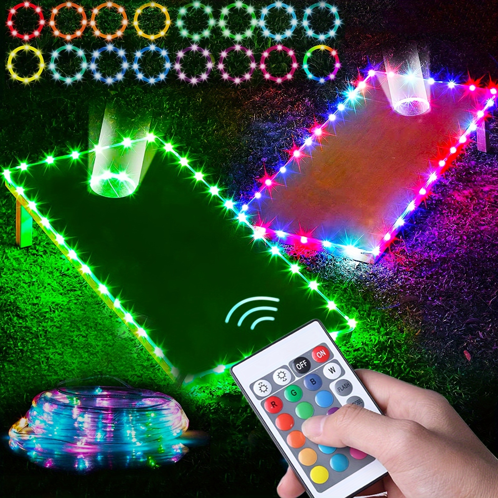 

Cornhole Lights, 16 Colors Change Cornhole Board Edge And Ring Led Lights With Remote Control For Family Backyard Bean Bag Toss Cornhole Game For 4*2ft Cornhole Board- 2 Sets