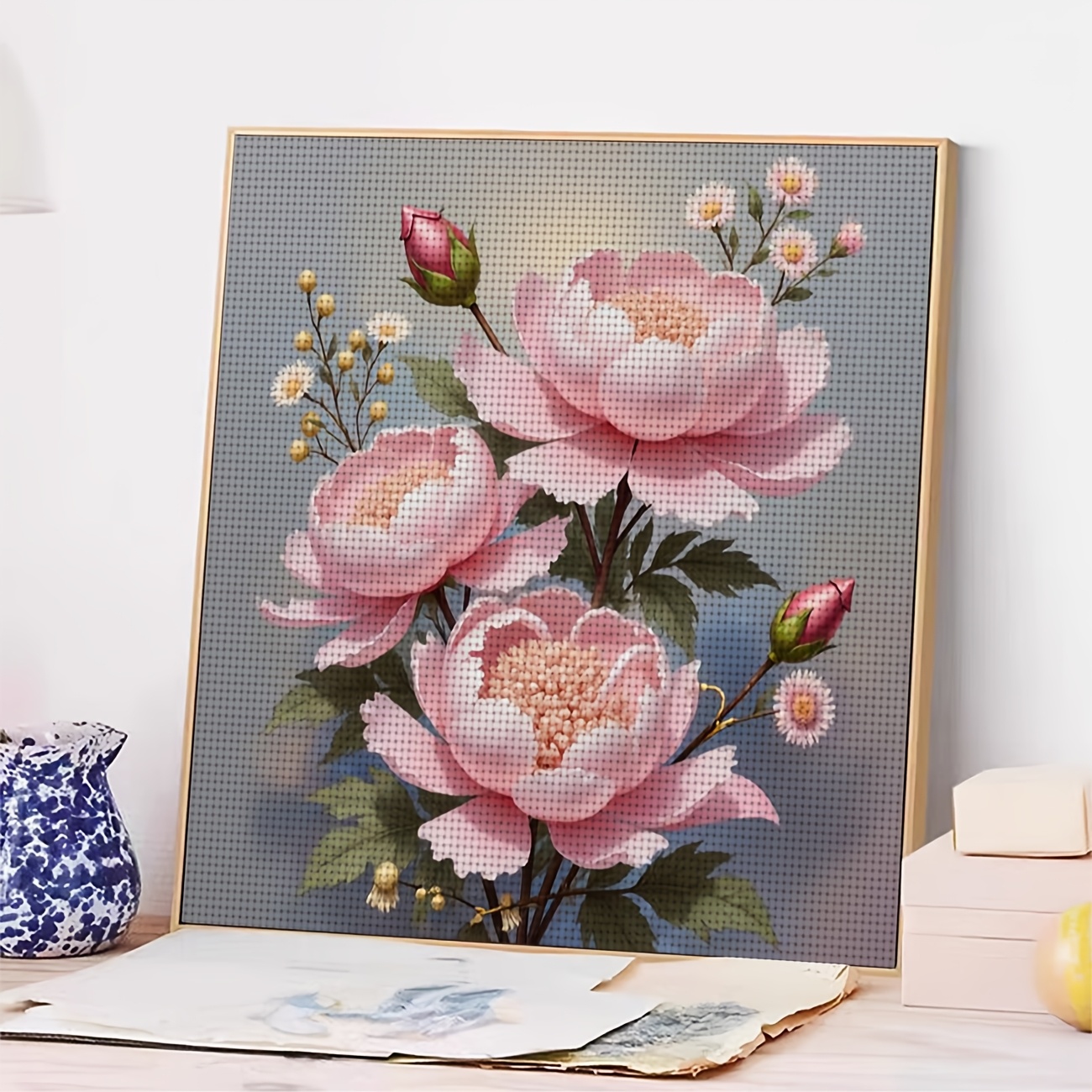 Cross Stitch Printed Kit, Pink Peony and Flower Buds Pattern