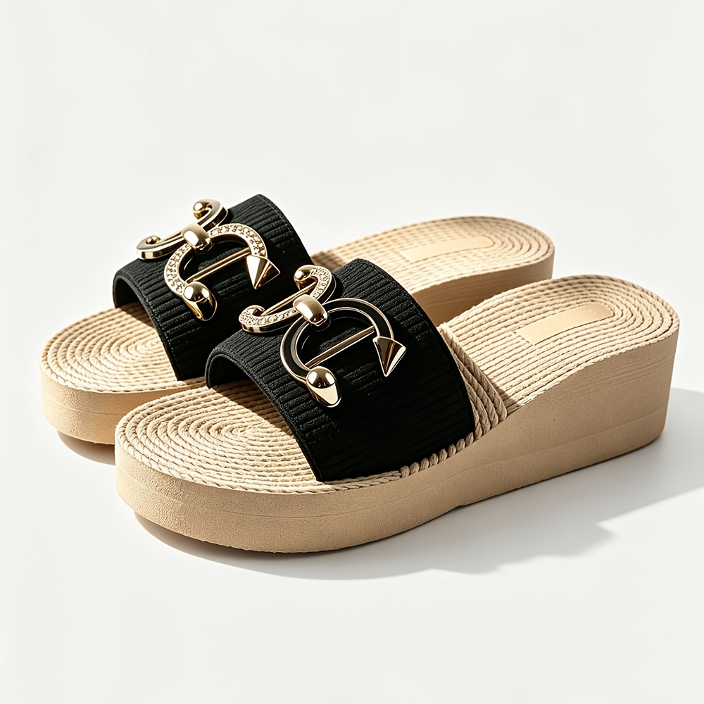TEMU -strap Sandals, In Multiple Colors, New Summer Style, Decorated With Rhinestones And Metal Buckles, Thick-soled Wedge Heel Design,