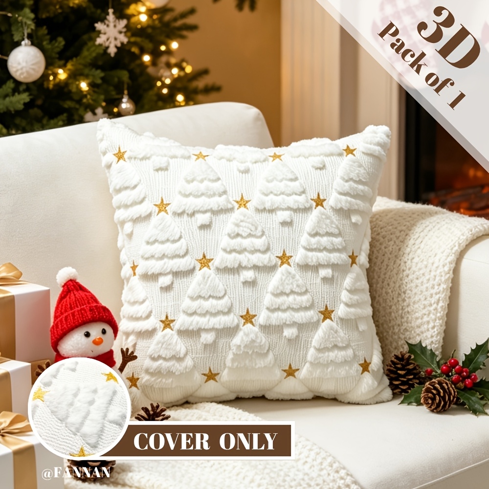 TEMU Une seule pièce, housse de coussin arbre de Noël 3D blanc avec brodées, housse de coussin en peluche mesurant 18X18 pouces, présentant un style