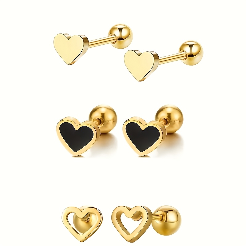TEMU Lot de 3 paires de clous d'oreilles cœur en acier inoxydable doré - Design décontracté, décoratif, et simple, pour la Saint-Valentin, mini clous