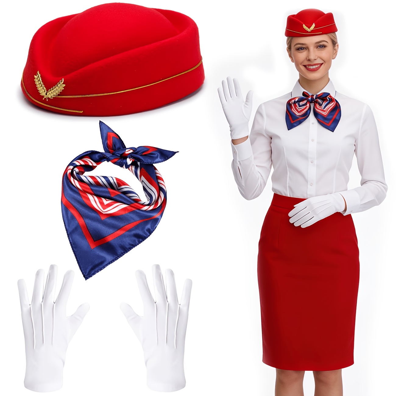 3pcs Women's Flight Attendant Costume Set with Hat, Scarf & Gloves