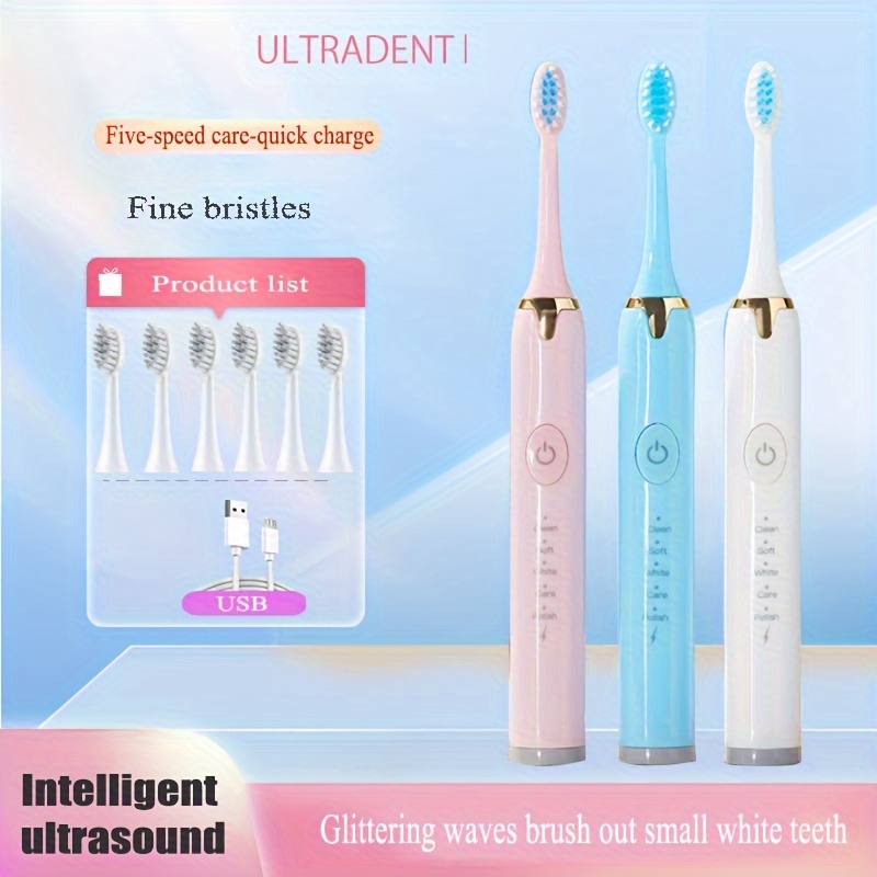 

Electric Toothbrush Multifunctional With 2-minute , Effective Teeth And Gum Cleaning, Usb Rechargeable Oral Tool, 6 Replacement Heads, For Sensitive Gums And Teeth