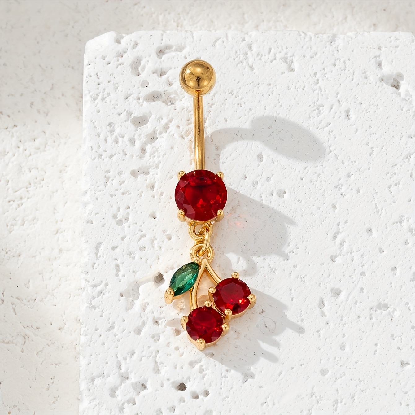 E-shop Mode Nabelring für Damen, frischer süßer Kirschanhänger Bauchnabelring Piercing Schmuck, mit rotem und grünem synthetischem Zirkonia, für