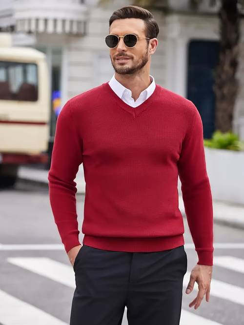 mens autumn winter v neck sweater soft knit pullover solid red regular fit long sleeve hand washable versatile casual formal wear formal attire mature style comfortable texture