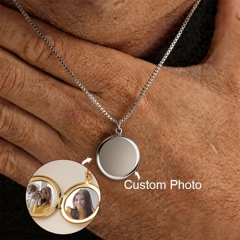 TEMU Custom Photo Box Necklace, Personalized And Stylish Stainless Steel With A Clasp Design, Featuring A Round Pendant With Pictures Of Couples And