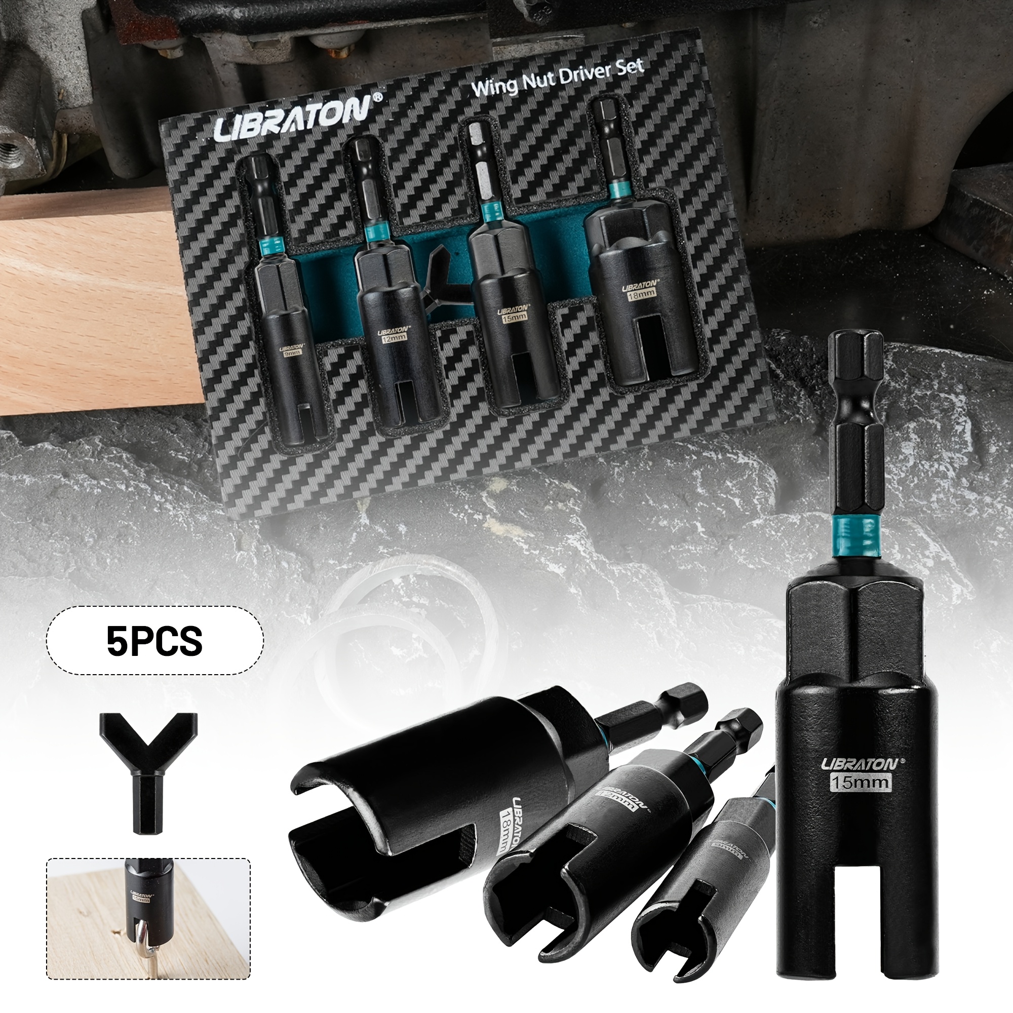 TEMU 5pcs Wing Nut Driver Set, 9mm/12mm/15mm/18mm & Y-shaped Hook Installer Bits With 1/4" Hex Shank, Compatible With Drills & Impact Drivers, Ideal