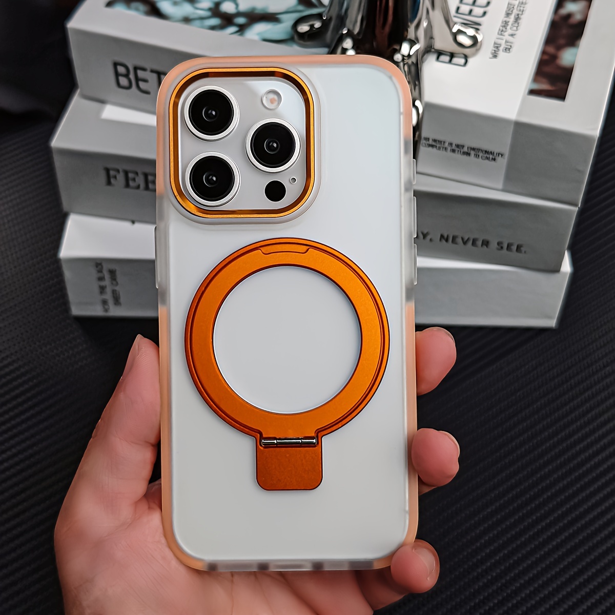 Magnetic shockproof case with ring stand for iPhone, matte back protective cover_voghion.com