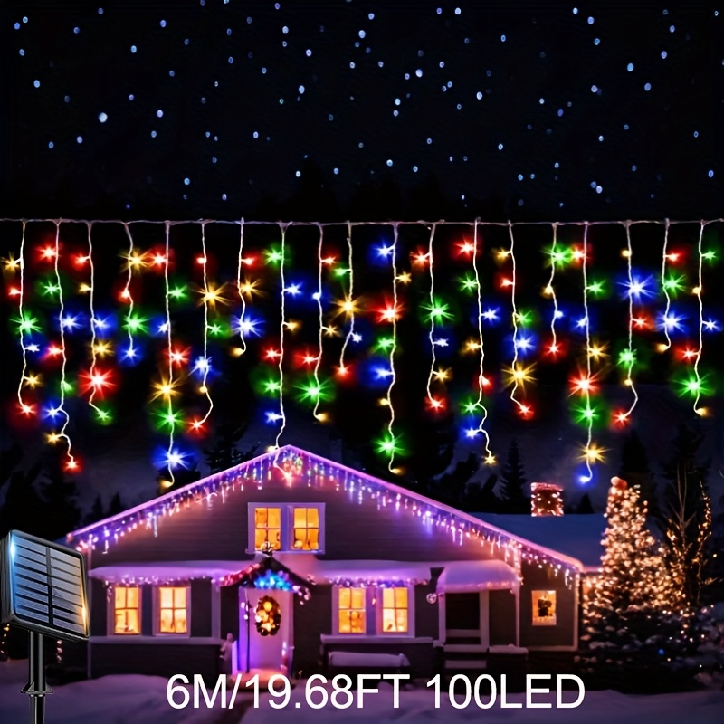 Image of Multicolor Solar Icicle String Lights, 100/190led Icicle Christmas Lights, 8 , Ipx4 Solar Fairy Lights For Bedroom Patio Garden Wedding Party Thanksgiving Day Halloween Christmas Outdoor Decoration