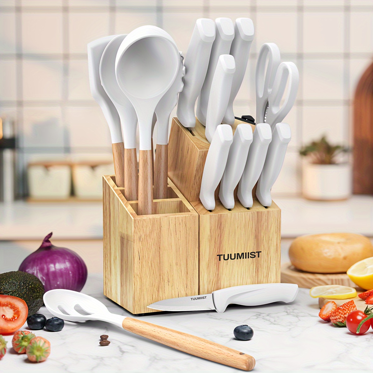 

18-piece For Kitchen With And Sharpener & Kitchen Utensils Set & Removable Utensil Holder (white & Wood)-precision Cutting, Effortless Sharpening, Organization