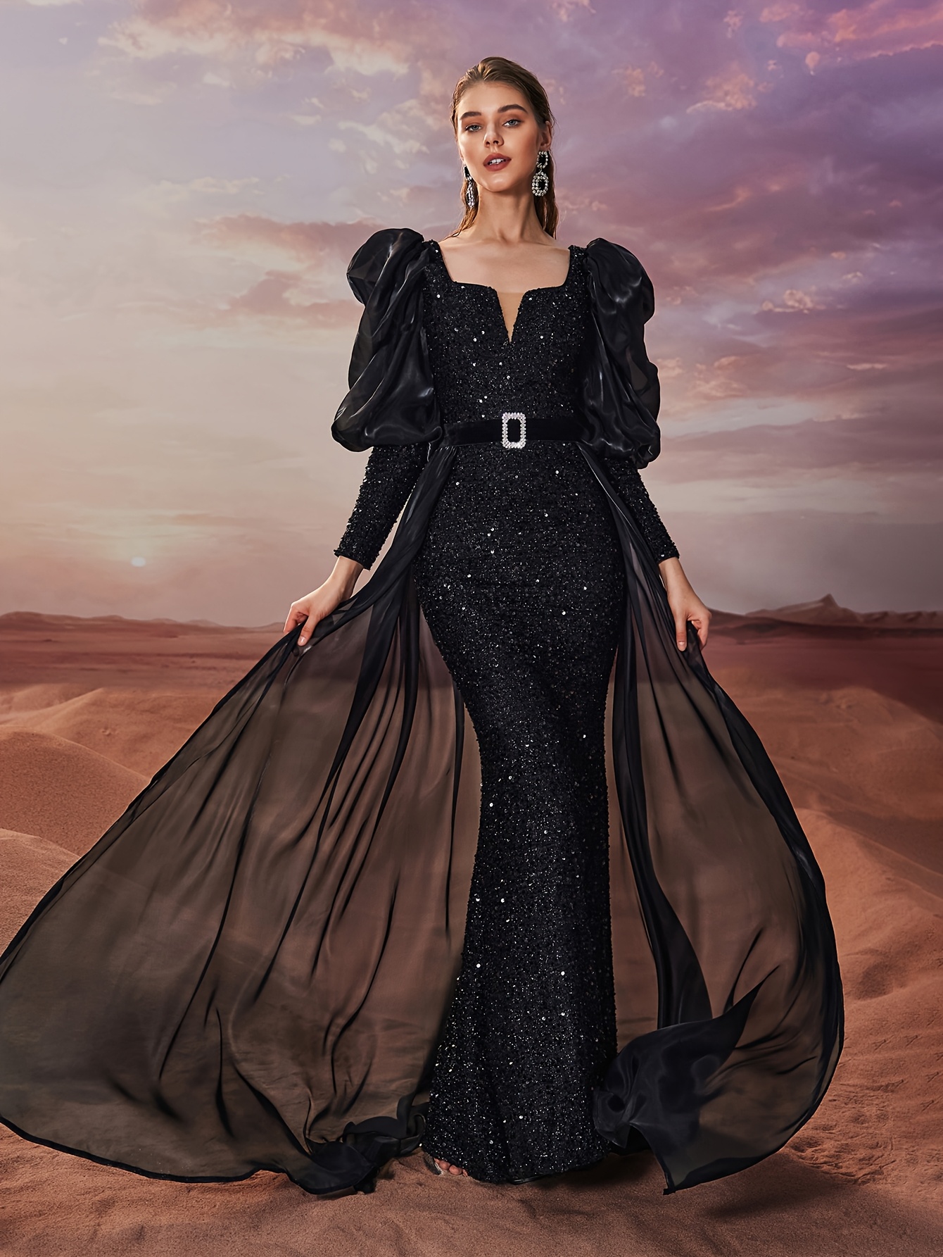 womens elegant black sequin organza cape formal party dress - Temu Australia