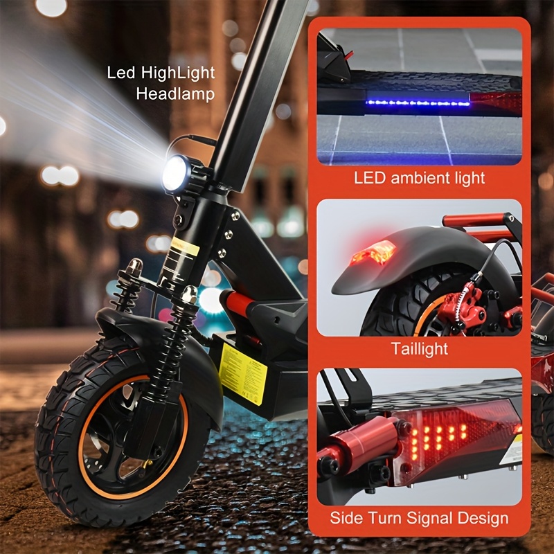 mx-14 500w/740w power, 10 off-road/tubless tire kick electric scooter, foldable   - max range 40km/60km/80km, double suspension & double disc brake, phone charging usb port, rgb ambient light, turn   light, led front light Product details 5