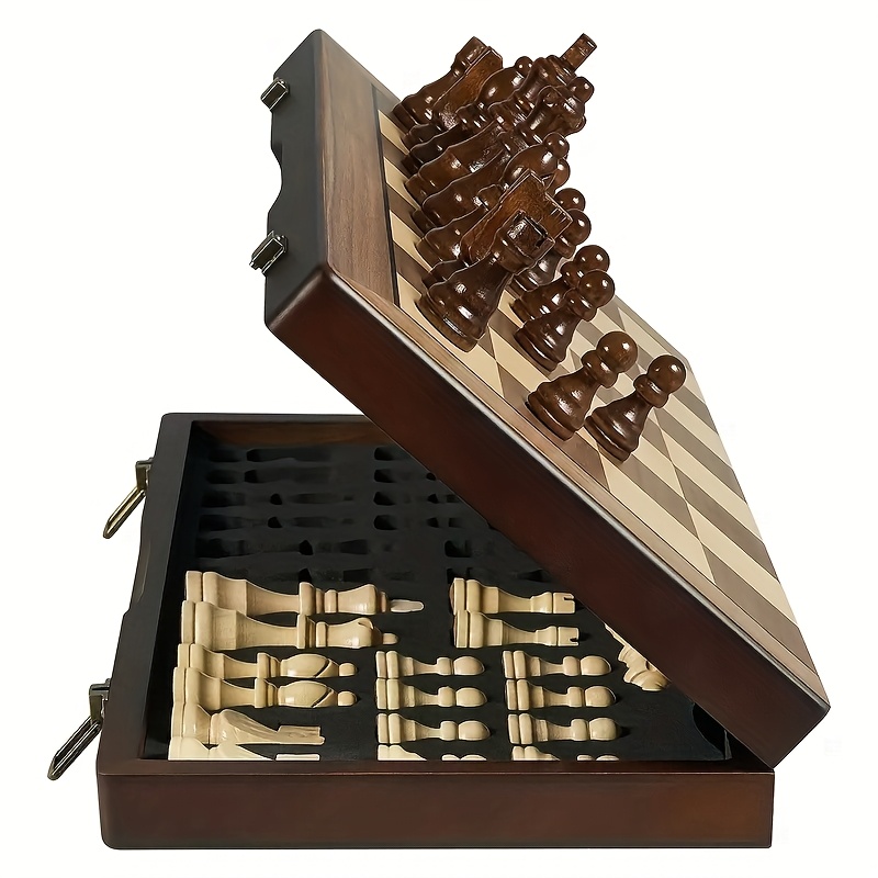 39.3cm/15.47inch Magnetic Wooden Chess Set With 2 Extra Queens, Folding Portable Suitable For Game Entertainment Perfect Birthday Valentine's Day Easter Mother's Day Father's Day Gift