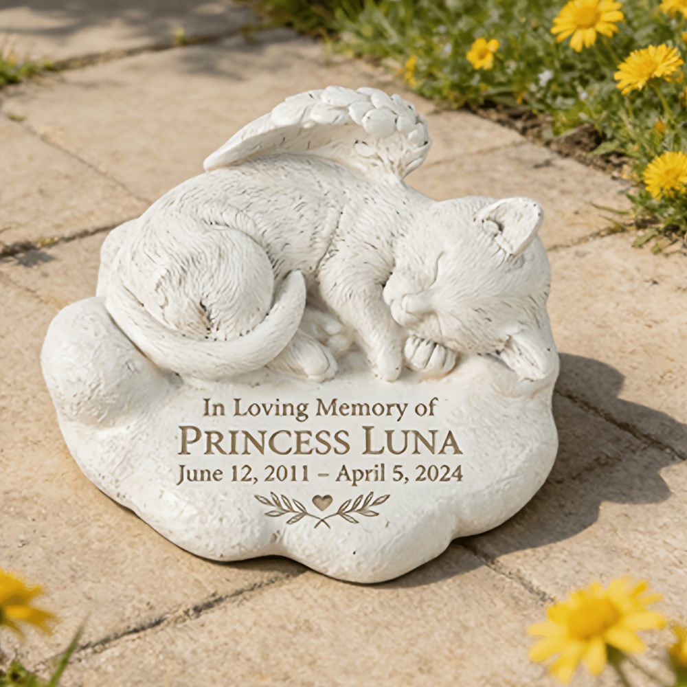 Personalized Cat Memorial Stone, White Cat Figurine for Garden